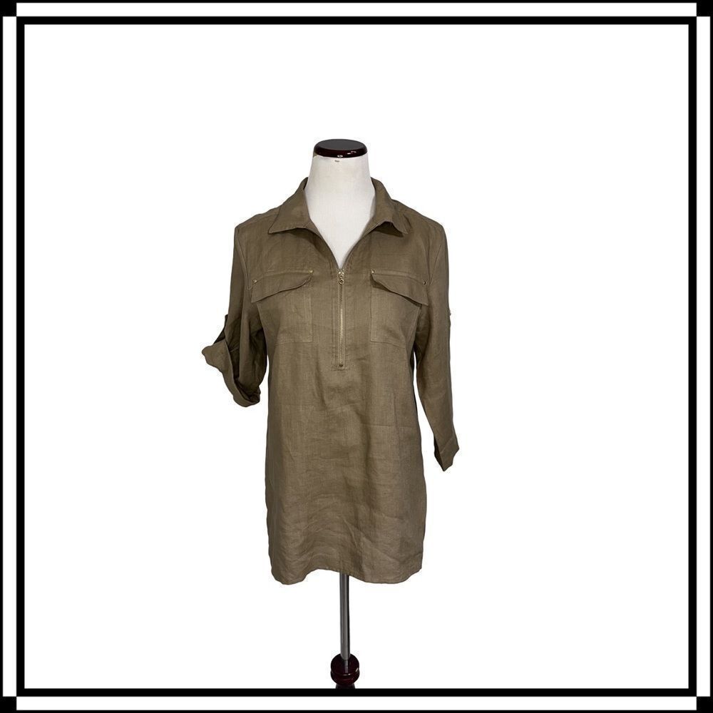 Like New! Ellen Tracy, Dark Khaki Linen Top, Size Medium